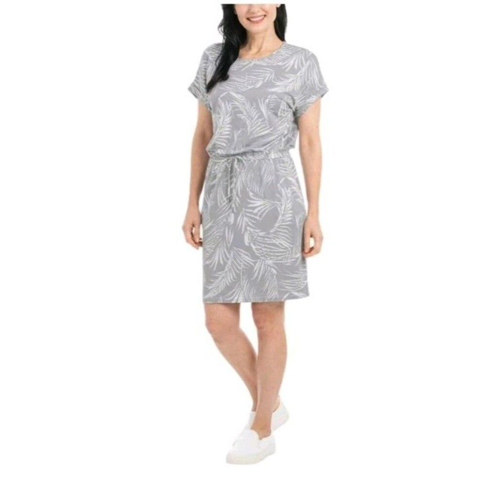 Hilary Radley Womens Sz L Short Sleeve Dress Drawstring Waist Gray Hawaiian